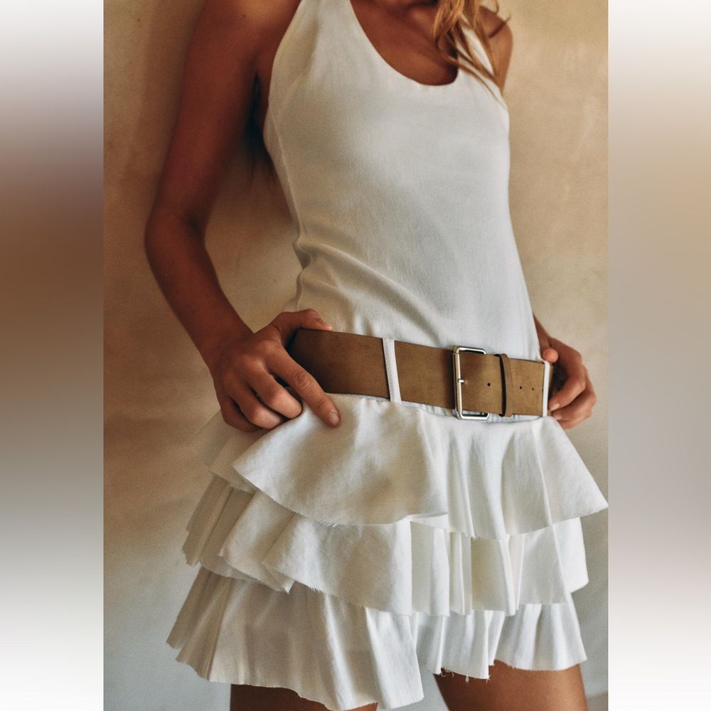 Zara BELTED RUFFLED DRESS with brown belt - Picture 4 of 15